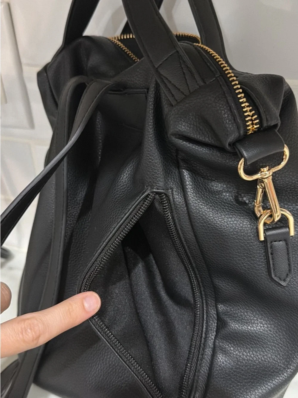 a new day Black Pebbled Faux Leather Backpack with Gold Accents